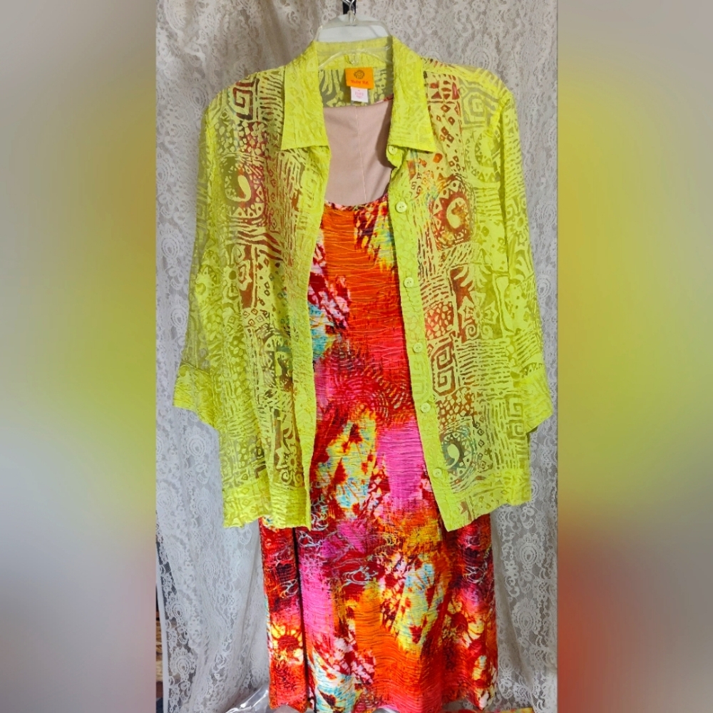 Vibrant Lime Green Multicolor Dress And Over Blouse Shrug